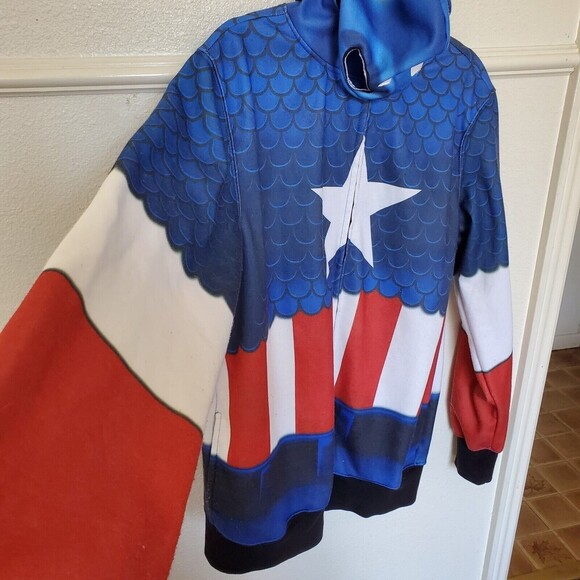 Captain America Men’s Jacket Red White Blue Full Zip Hoodie Mask Size L Costume - Picture 4 of 12